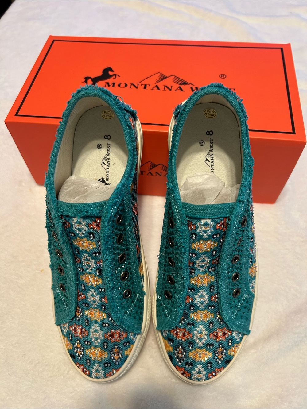 Montana West Teal Embellished Turquoise Slip-On Sneakers Sz 8 Sparkle Beads